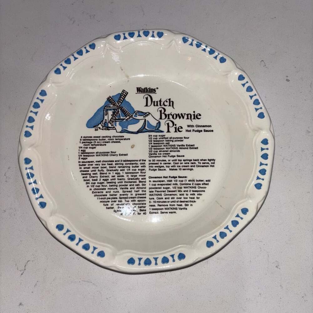 Vintage 1983 Watkins Dutch Brownie Pie Recipe Ceramic Pie Plate Dish